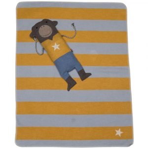 A pale blue and yellow striped blanket with a white star. The blanket folds up to fit into a a sweet monkey puppet