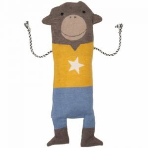 A pale blue and yellow striped blanket with a white star. The blanket folds up to fit into a a sweet monkey puppet