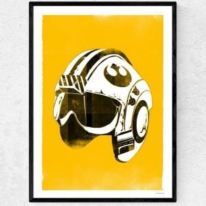 An iconic star wars print of a red five helmet on a yellow background