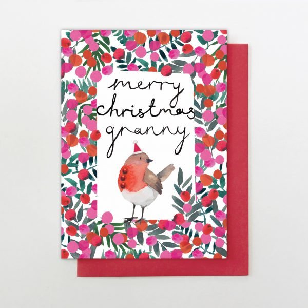 A bright colourful granny christmas card with a robin surrounded by red berry border and merry christmas granny