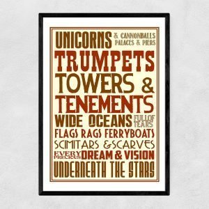 An unframed A3 print with the lyrics to the Waterboys song The whole of the moon