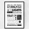 An A3 typographic print in black and white with the lyrics to the Oasis classic Wonderwall