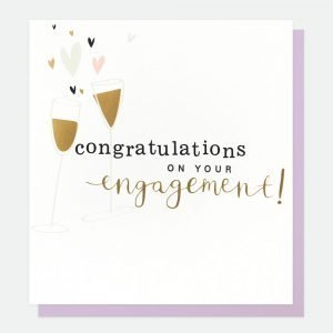 Congratulations On Your Engagement Card. A lovely white card with two toasting glasses with little hearts in grey pink and gold.