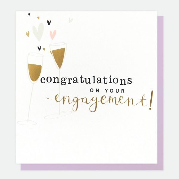 Congratulations On Your Engagement Card. A lovely white card with two toasting glasses with little hearts in grey pink and gold.
