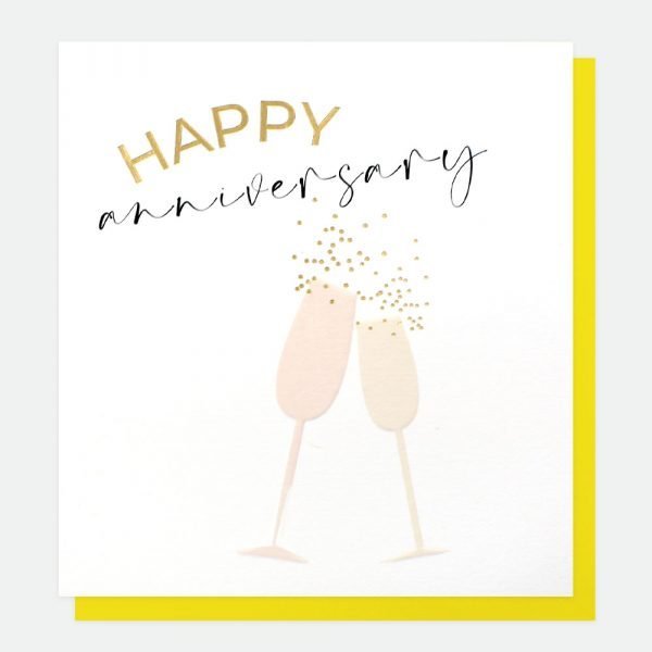 Happy Anniversary Glasses Card. Two pink champagne flutes and gold foil bubbles. Happy anniversary in a calligraphy style