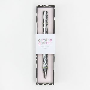 Charcoal Hearts Pen. A ball point pen with grey and white hearts in a box with the same pattern