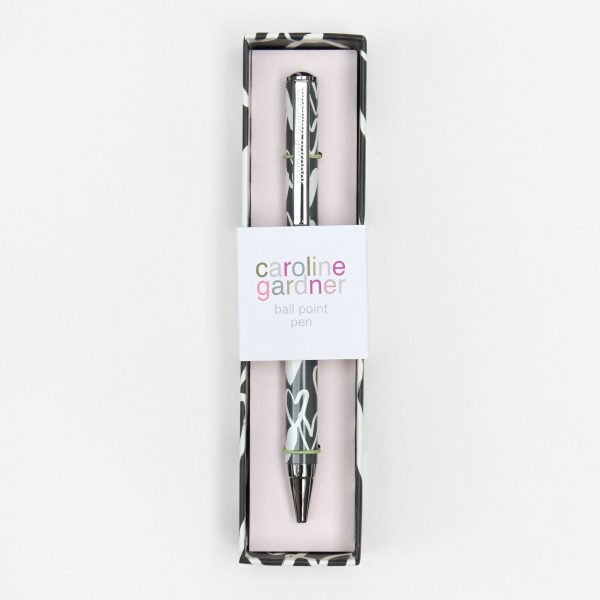 Charcoal Hearts Pen. A ball point pen with grey and white hearts in a box with the same pattern