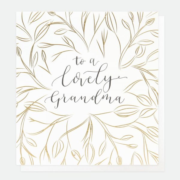 Golden Leaves Grandma Card. Gold foil leaves and to a lovely Grandma in black script writing