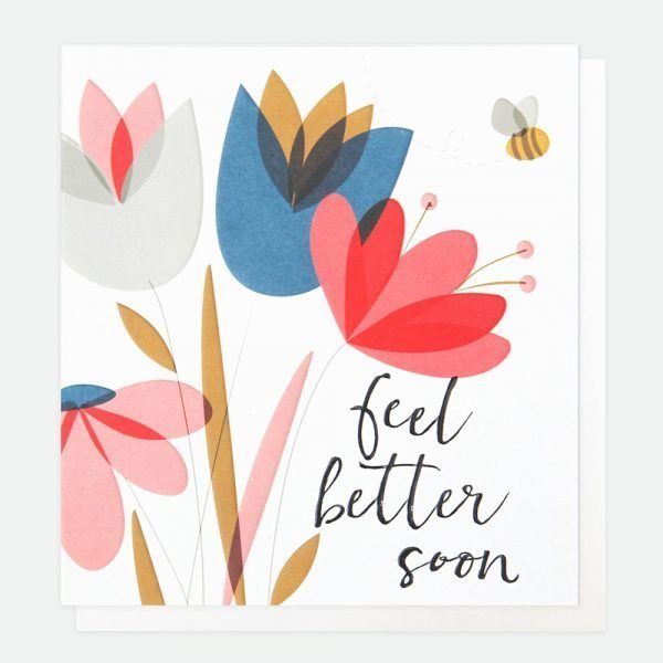Feel Better Soon Card with bright contemporary flowers and a little bee