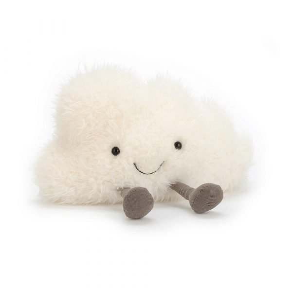 A cute cuddly cloud with a happy smiley face and little corduroy chocolate coloured legs and feet.