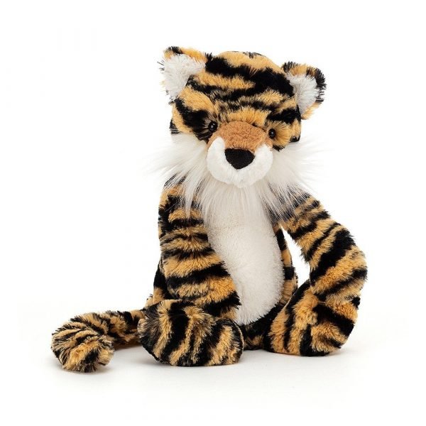 Jellycat cuddly tiger with fluffy white whiskers and stripey coat