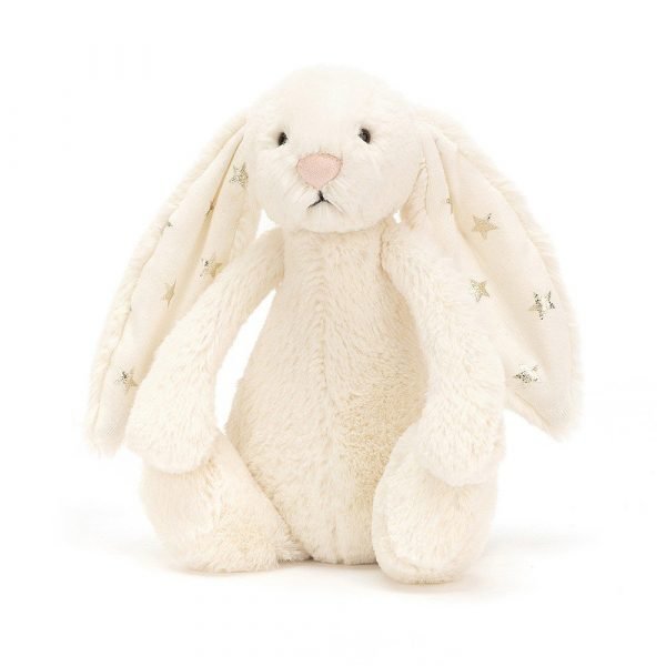 Jellycat Bashful Twinkle Bunny with soft cream fur and gold starry ears
