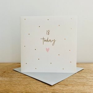 A square white card with gold spots and pink hearts on it and the words 18 Today in gold print