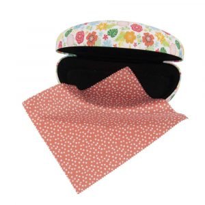 A hard glasses case big enough to hold sunglasses. A choice of patterns. Supplied with a microfibre cleaning cloth