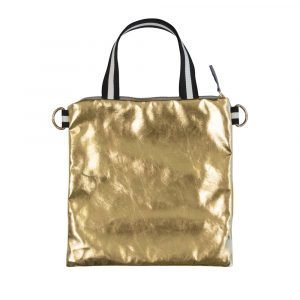 A cross body bag in velvet and gold effect faux leather. Cream and sunshine yellow velvet sections and a gold bottom and back. The bag has two handles, a hand hold and a removable shoulder strap. The handle is black and white. The bag is beautifully lined in grey sateen.