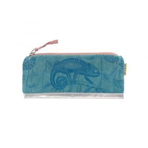 Teal velvet pouch with a chameleon design
