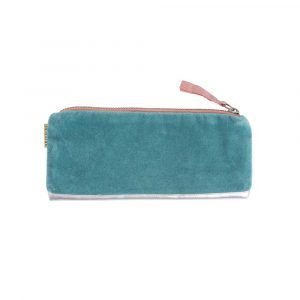 Teal velvet pouch with a chameleon design