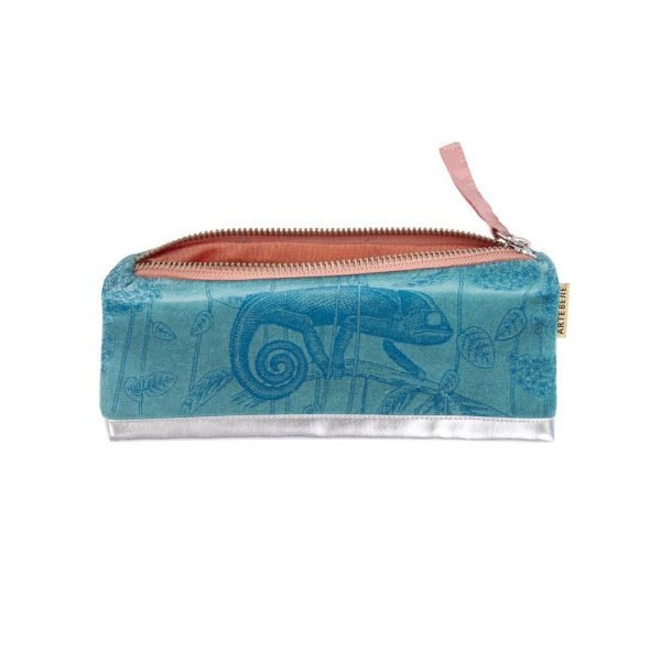 Teal velvet pouch with a chameleon design