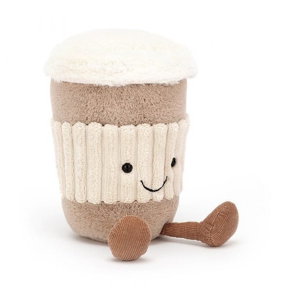 Jellycat coffee cup soft toy. A take away coffee cup with a cute face, furry frothy top and dangly legs