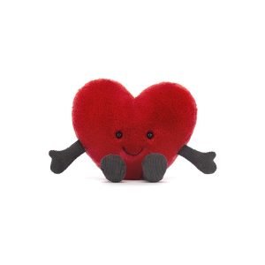 A red heart soft toy with a red fluffy body, brown corduroy arms and legs and a cute smiley face. By Jellycat