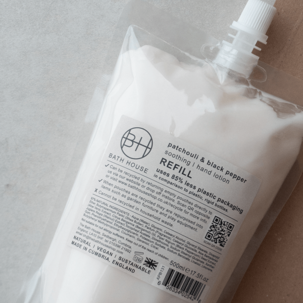 A refill pouch of Patchouli and Black pepper hand lotion from Bath House