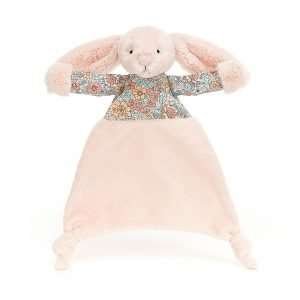 Jellycat Blossom Blush Bunny Comforter in blush pink fur and floral cotton