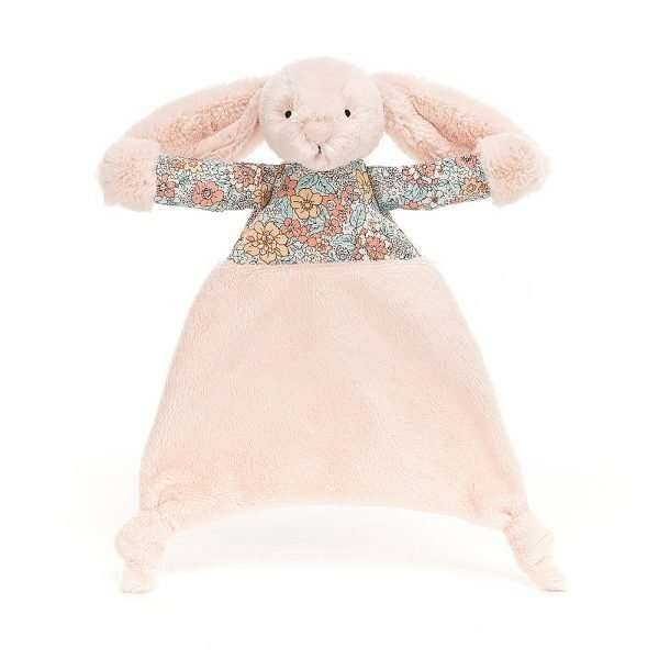 Jellycat Blossom Blush Bunny Comforter in blush pink fur and floral cotton