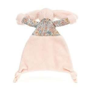 Jellycat Blossom Blush Bunny Comforter in blush pink fur and floral cotton
