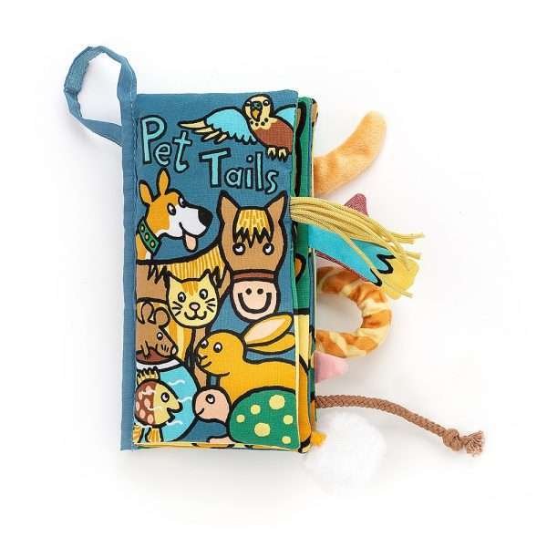 Jellycat Pet Tails Book. A fabric book about pets with a buggy loop and lots of pet's tails to touch and learn