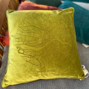 A fabulous bamboo green coloured velvet cushion with a map of Newcastle and Gateshead imprinted on it.