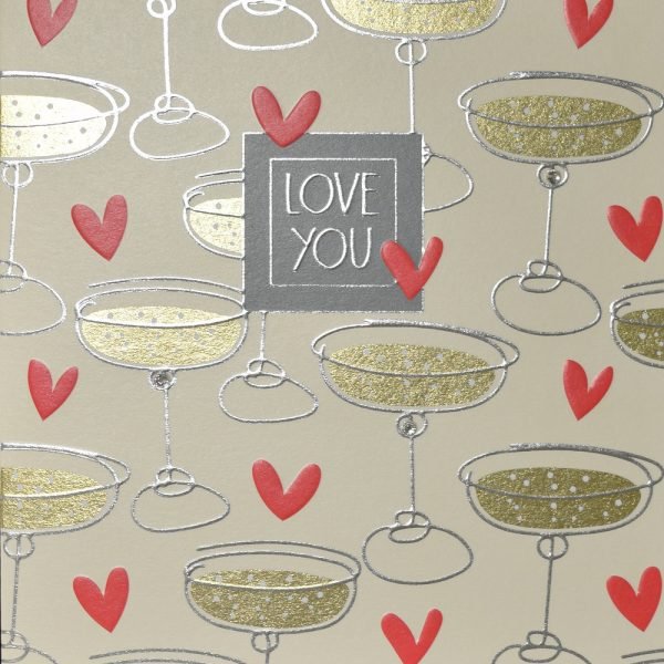 A fabulous Love You Valentines card with images of champagne glasses and little red hearts all over it.