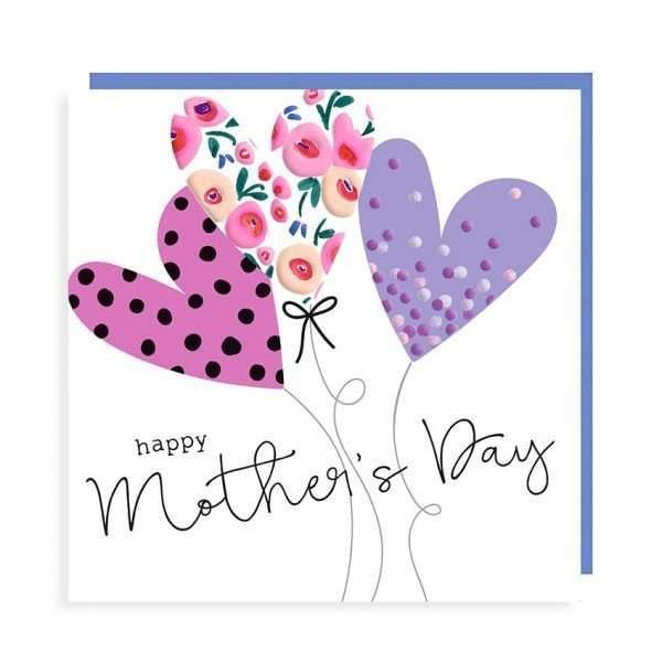 A wonderful card with 3 colourful heart balloons with the words Happy Mother's Day printed on it.