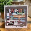 A blank greetings card with iconic landmarks from Gateshead and Newcastle upon Tyne in bright drawings