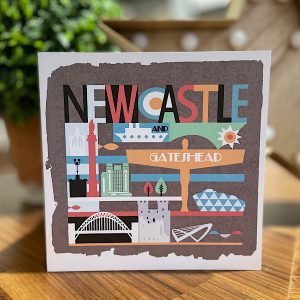 A blank greetings card with iconic landmarks from Gateshead and Newcastle upon Tyne in bright drawings