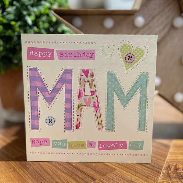 A mam birthday card in a patchwork style