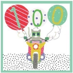 A 100th birthday card with a cat on a motorbike