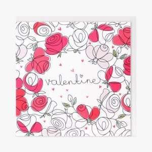 A stunning card with a looped roses design where some of the flowers are coloured pink and red and the word VAlentine printed in the centre of the flowers.