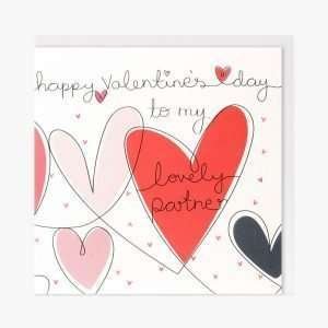A wonderful card with looped heart design and little pink hearts all over it. The words Happy Valentine's DAy to my Lovely Partner are also printed on the card.