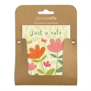 A pack of 5 cards. Each card has a pale green leaf patterned background with fun coloured flowers and butterflies in the foreground with just a note printed at the top of the card