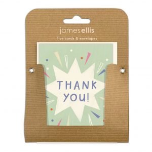 A pack of 5 thank you cards. Thank you is printed in blue in the middle of a big white star on a pale blue background with dots a sparks drawn to look like the star is exploding