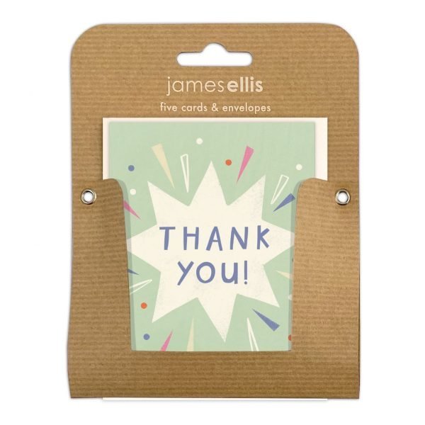 A pack of 5 thank you cards. Thank you is printed in blue in the middle of a big white star on a pale blue background with dots a sparks drawn to look like the star is exploding