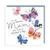 A lovely square card with images of 5 colourful butterflies flying across it and the words To an Amazing Mum with love on Mother's day printed on it.