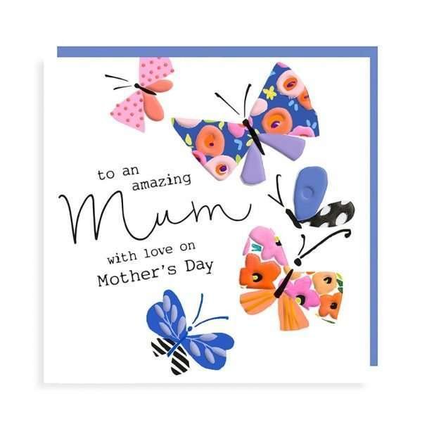 A lovely square card with images of 5 colourful butterflies flying across it and the words To an Amazing Mum with love on Mother's day printed on it.