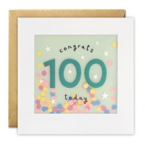 A 100th birthday card with an image of a a large turquoise number 100 surrounded by white stars, on a pale turquoise background printed on translucent paper with colourful confetti behind