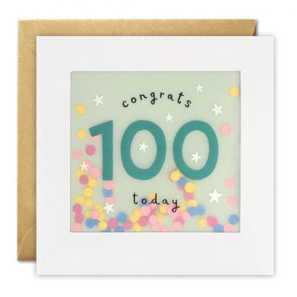 A 100th birthday card with an image of a a large turquoise number 100 surrounded by white stars, on a pale turquoise background printed on translucent paper with colourful confetti behind