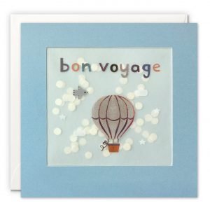A Bon Voyage card a vintage hot air balloon with a little bird, clouds and white stars. The message on the front reads 'bon voyage' in colourful letters. The image is printed on translucent paper, showing cream paper confetti dots behind. The confetti moves around when you shake the card.