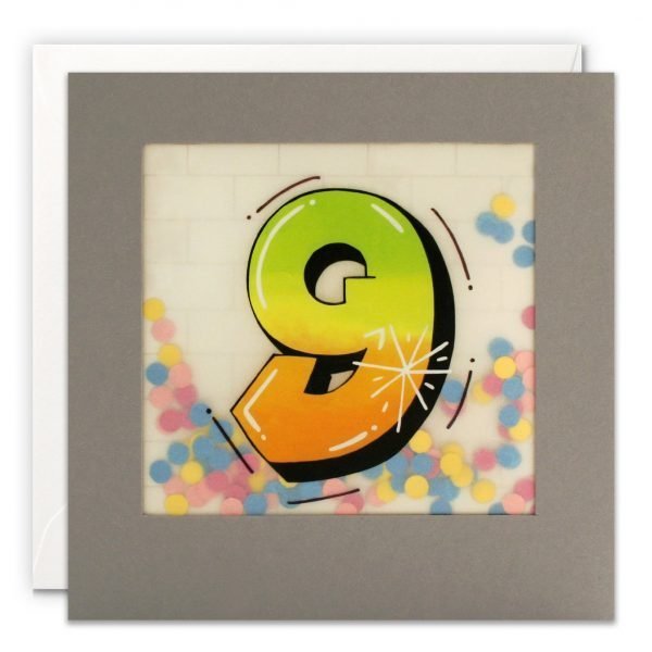 An age 9 card with the number 9 in a colourful graffiti art style, with a pale brick wall in the background. The number is printed on translucent paper, showing colourful paper confetti dots behind. The confetti moves around when you shake the card.