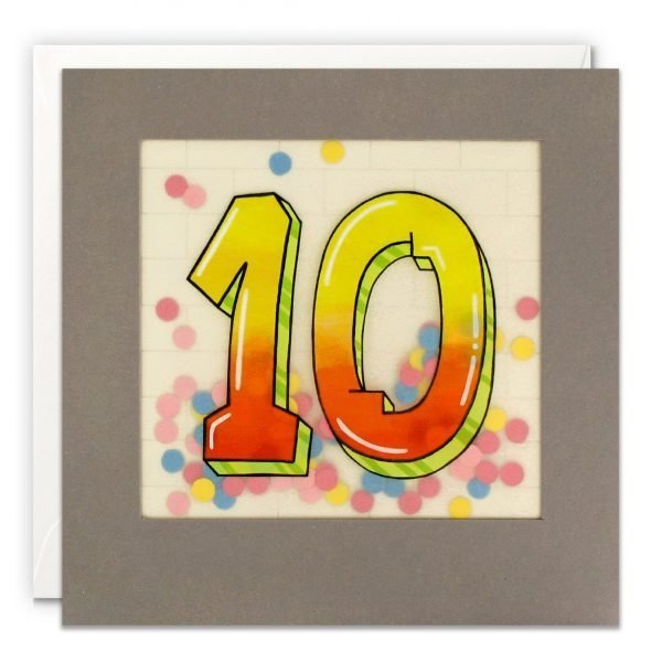 An age 10 card with the number 10 in a colourful graffiti art style, with a pale brick wall in the background. The number is printed on translucent paper, showing colourful paper confetti dots behind. The confetti moves around when you shake the card.