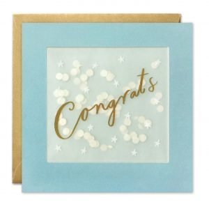 A congratulations card with the word 'Congrats' surrounded by small white stars, on a pale blue background.