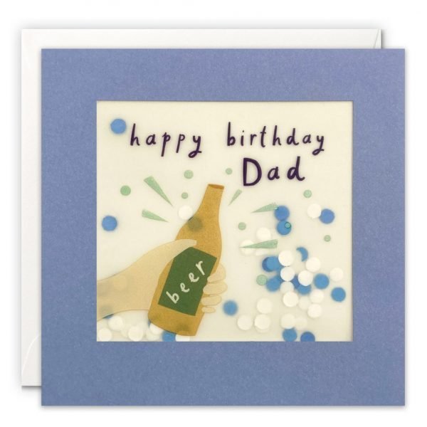 A Dad birthday card featuring an image of a hand holding a bottle of beer. The message on the front reads 'happy birthday Dad'. The image is printed on translucent paper, showing cream paper confetti dots behind. The confetti moves around when you shake the card.. The card is blue